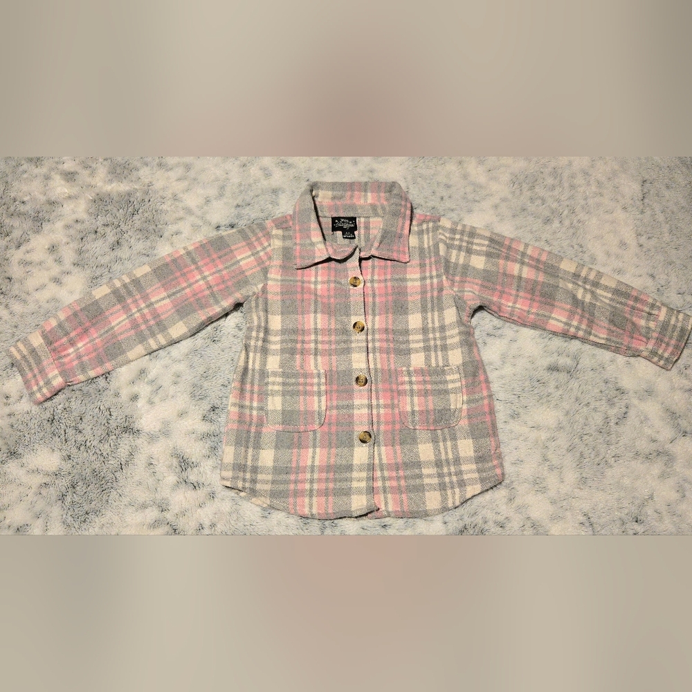 Girls (6X) Pink & Grey Plaid Flannel Shirt Button Up